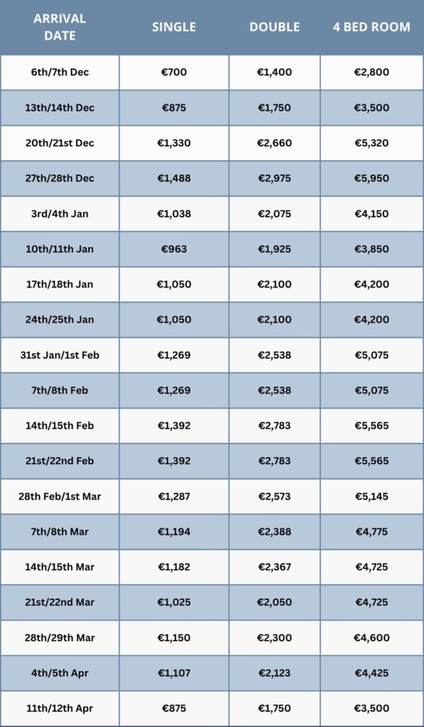 week stay price list meribel hotel
