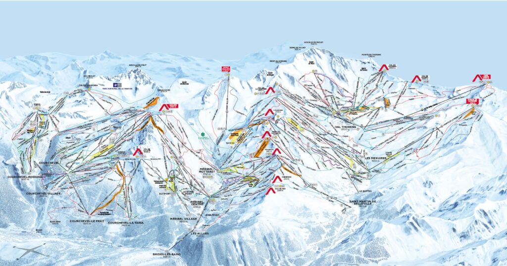 Plan complet des pistes des Trois Vallées 2026 illustrant le domaine skiable de 600 km reliant Méribel, Courchevel, Val Thorens et Les Menuires.