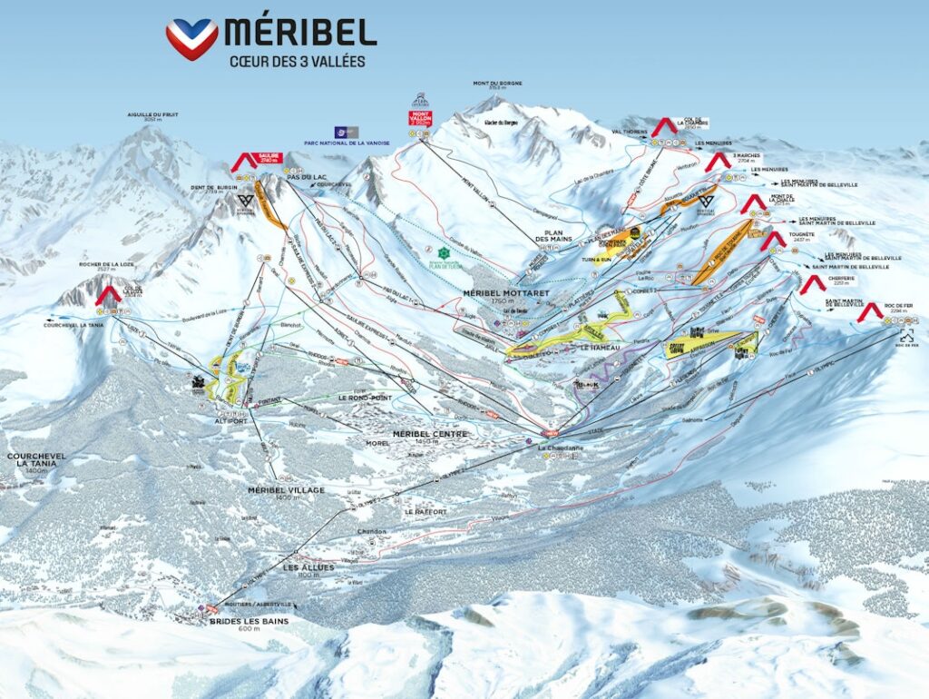 Plan officiel des pistes de Méribel 2026 indiquant les pistes et les remontées mécaniques de Méribel Centre à Mottaret, avec les nouvelles télécabines Côte Brune et Rhodos.