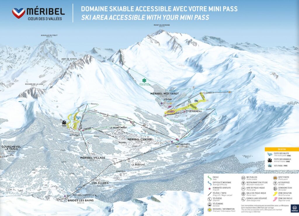 Plan des pistes du forfait Mini-Pass Méribel pour débutants, mettant en évidence les pistes vertes et bleues dans la partie inférieure de la vallée de Méribel.