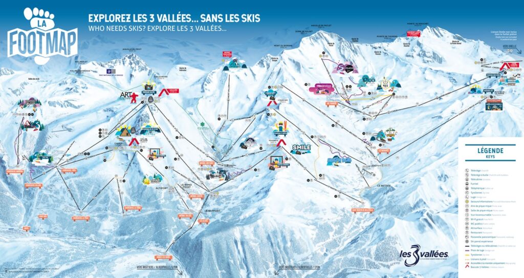 2026 Carte des sentiers pédestres des Trois Vallées indiquant les sentiers de randonnée et les remontées mécaniques accessibles aux non-skieurs à Méribel, Courchevel et Val Thorens.